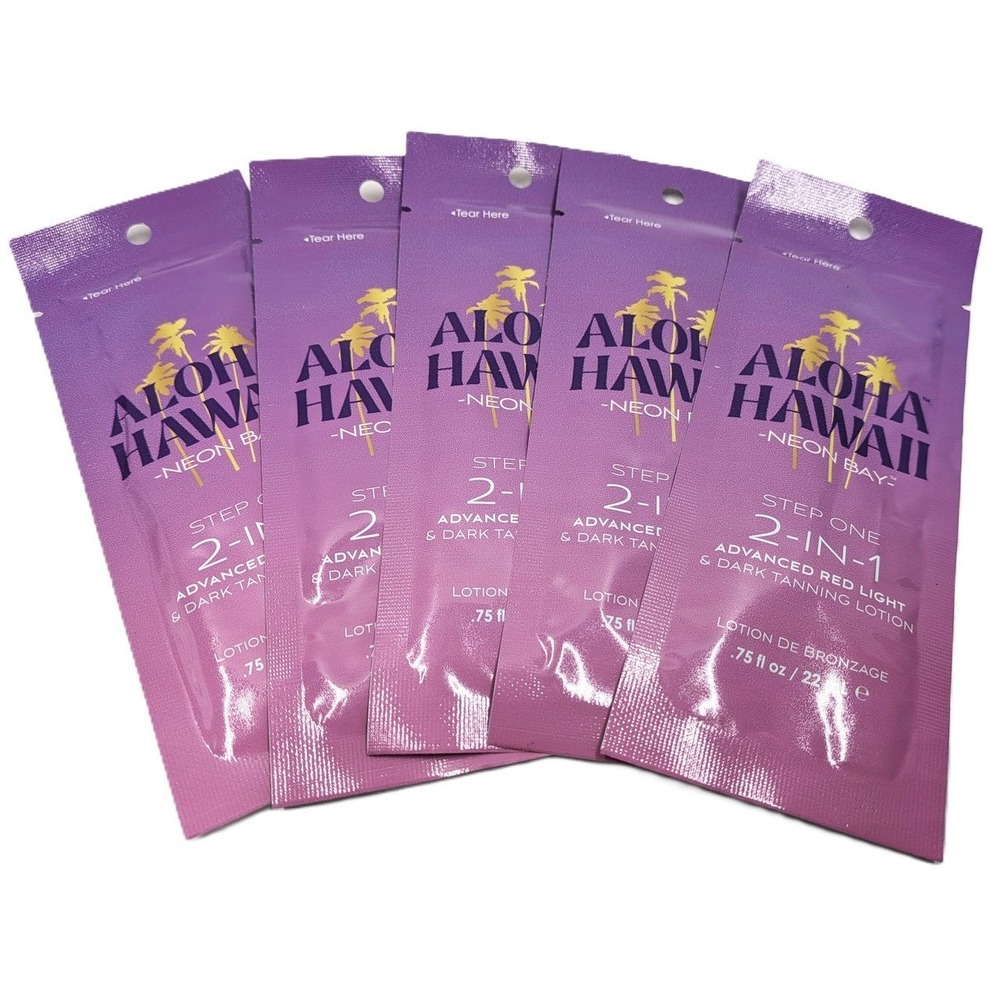 5pk Aloha Hawaii Neon Bay 2-in-1 Red Light & Dark Tanning Lotion Packets .75oz